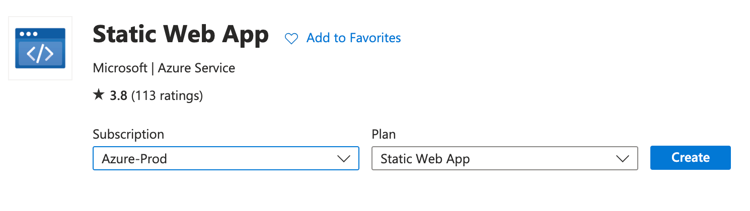The Static Web App creation page with a drop down for Subscription and Plan.