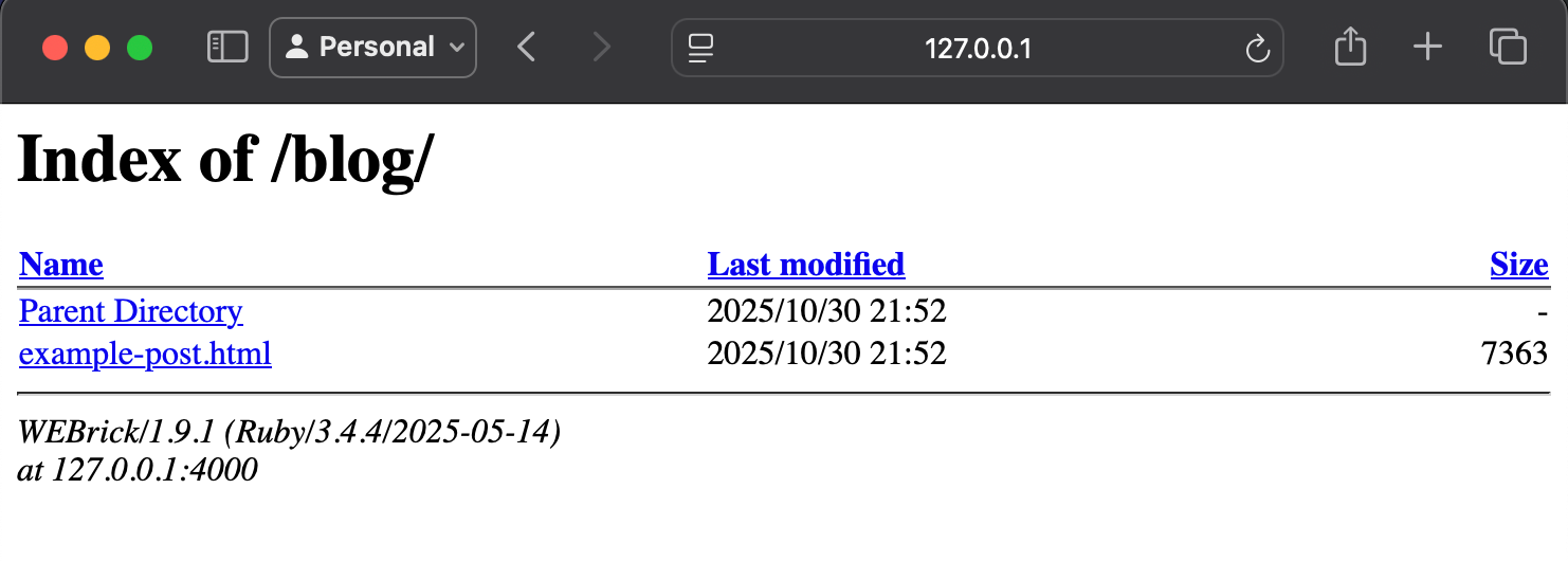 A html site contents page with a file called example-post.html